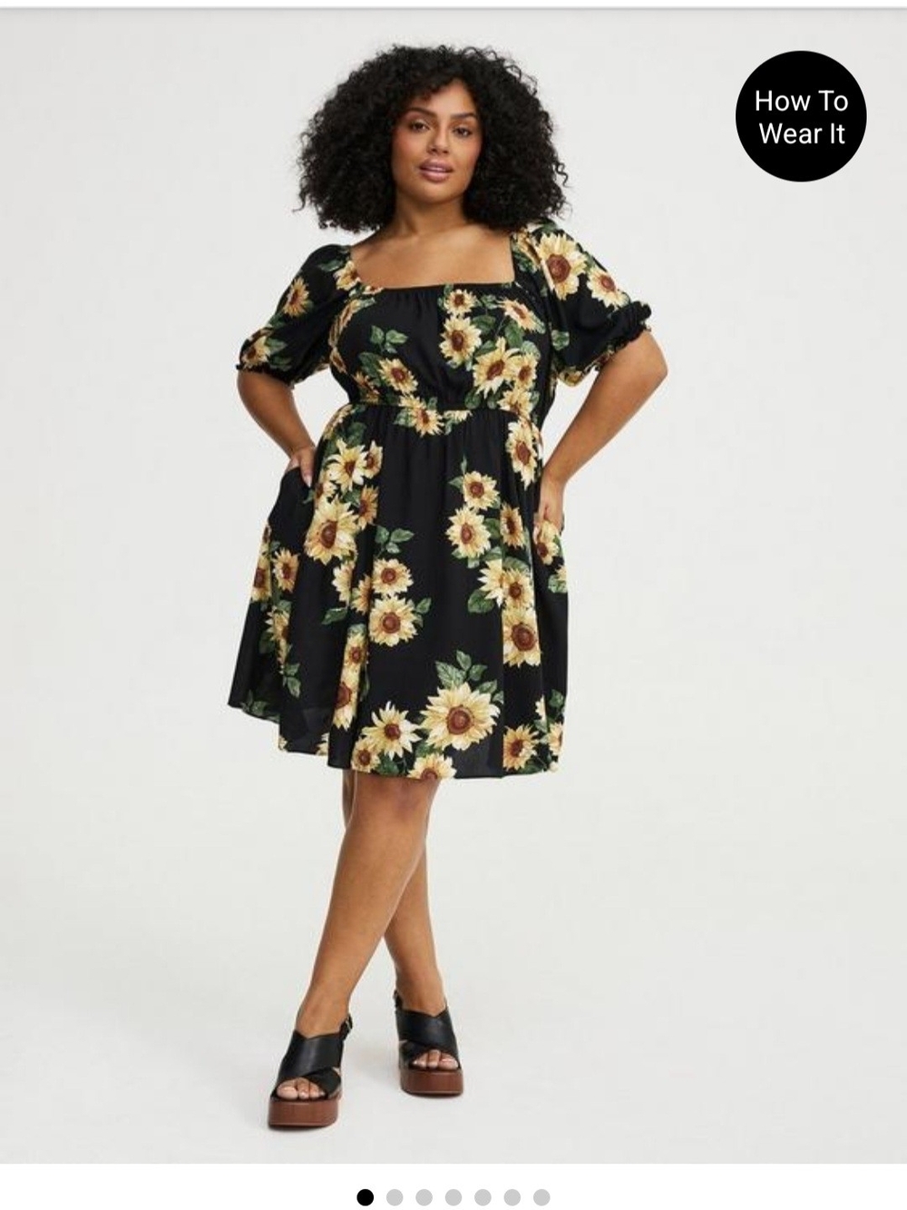 Torrid Sunflower Print Square-Neck Puff Sleeve Mini Dress - Black